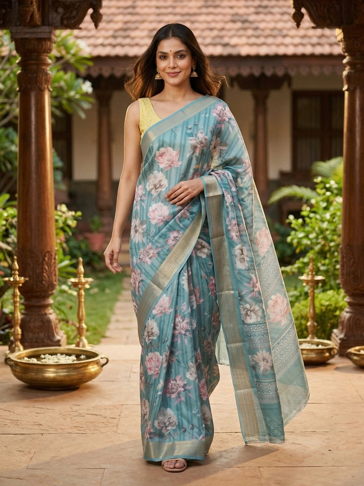 Teal Blue and Pink Floral Designer Zari Work Art Silk Saree