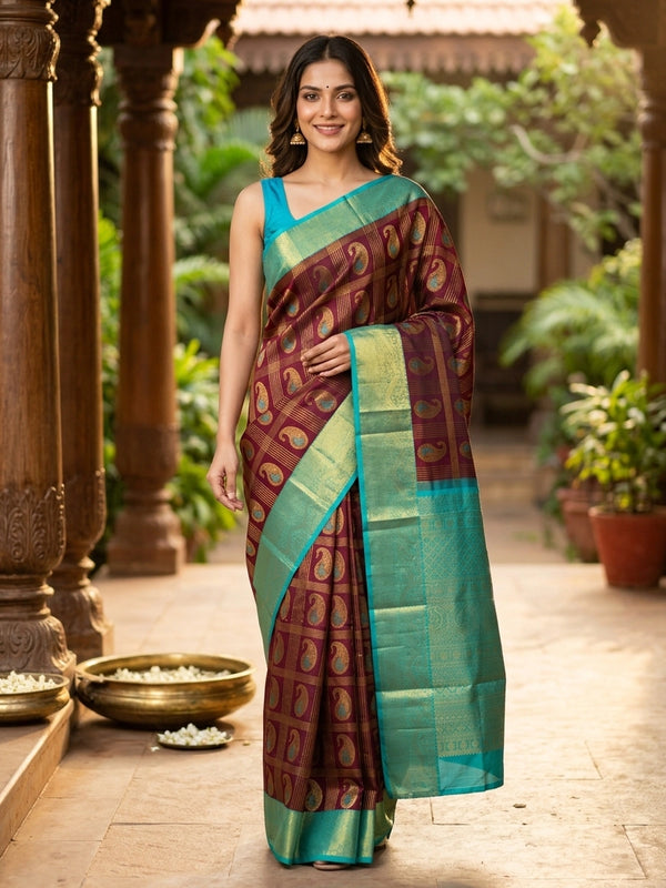 Maroon pure Kanchipuram silk saree with teal green contrast gold zari border and paisley motifs