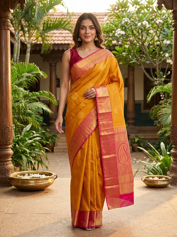 Mustard mustard pure Kanchipuram silk saree with contrast pink gold zari border and zari pallu