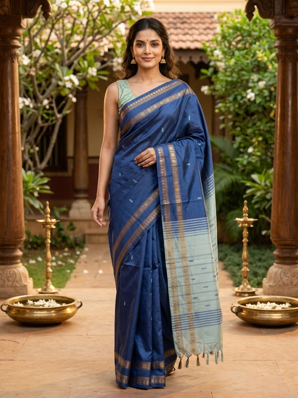 Navy blue banana silk saree with gold zari border and contrast grey pallu