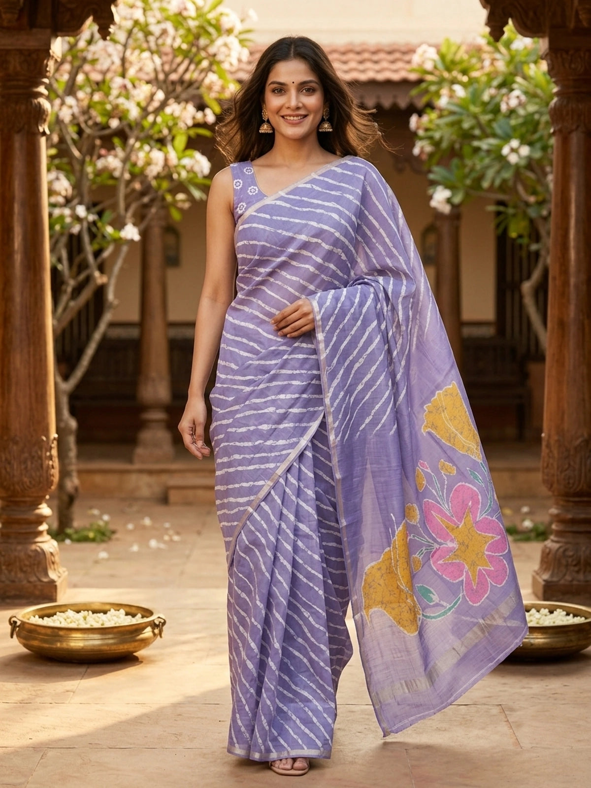 Lavender linen cotton saree with white leheriya batik stripes, multicolour floral batik pallu and golden zari border