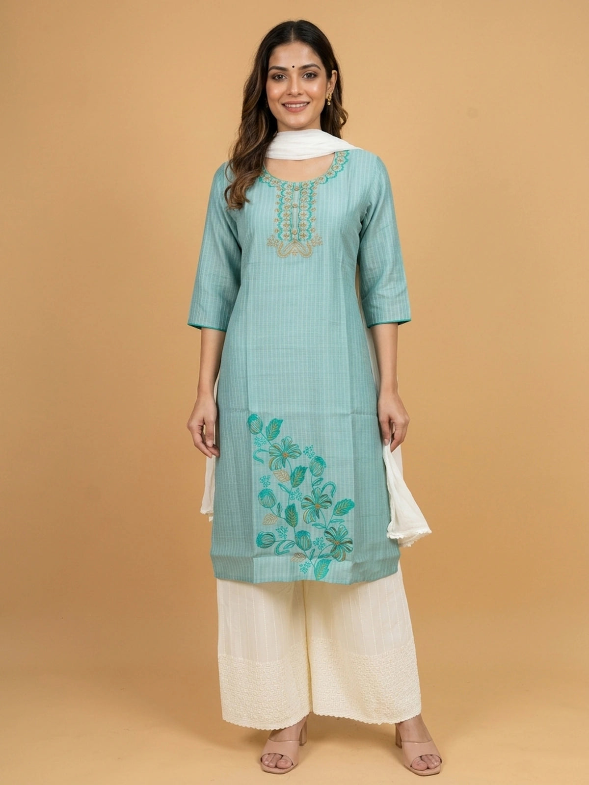 Sea Green cotton floral embroidered Anarkali kurti top with gold and teal thread work