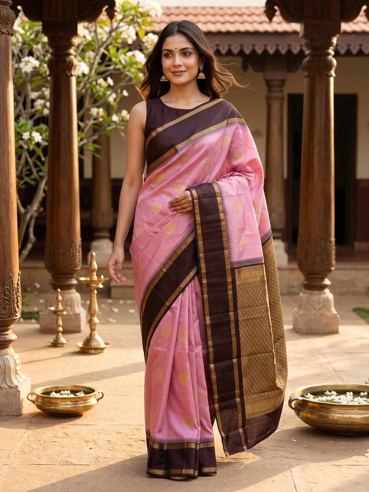Pink and Dark Brown Pure Kanchipuram Silk Saree