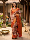 Cream and Orange Pure Kanchipuram Silk Saree