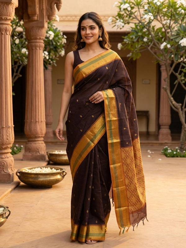 Maroon brown Chettinad cotton saree with mustard-gold zari border, green stripe accents and gold buti motifs