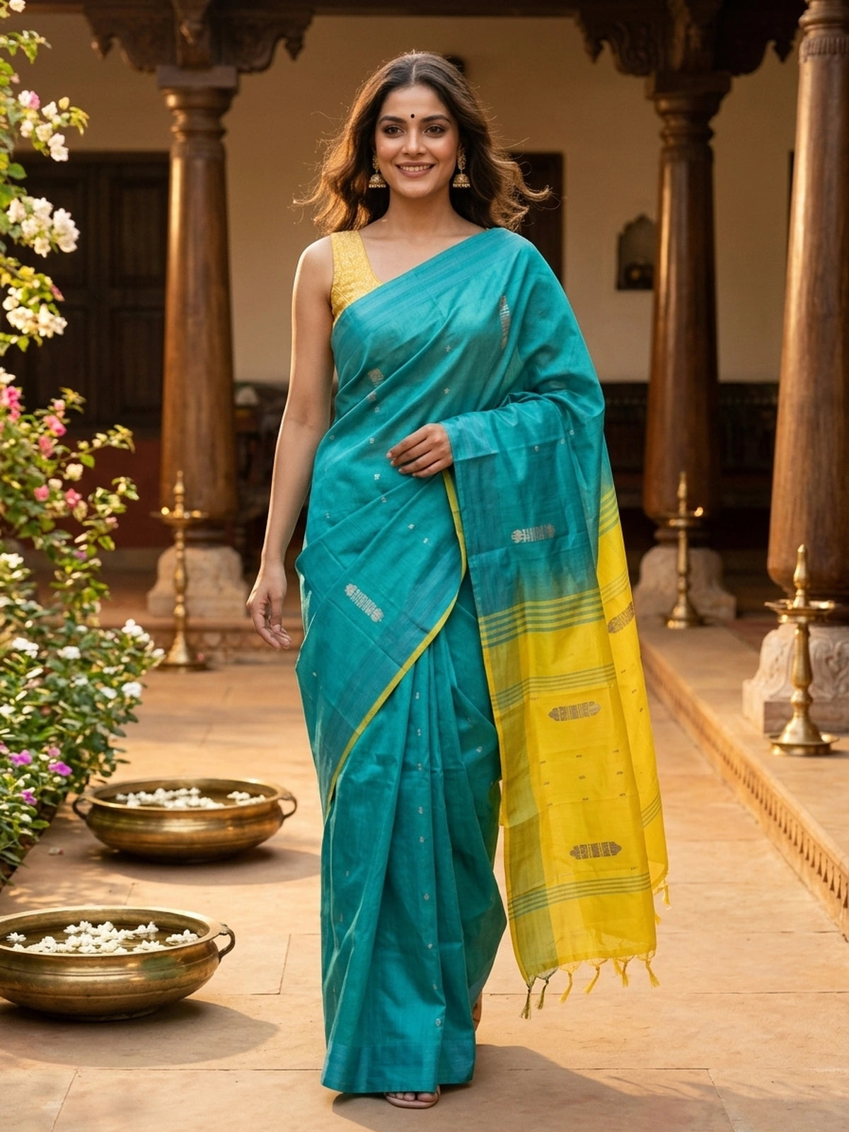 Teal banana silk saree with yellow contrast pallu, silver zari buttas, and matching yellow blouse