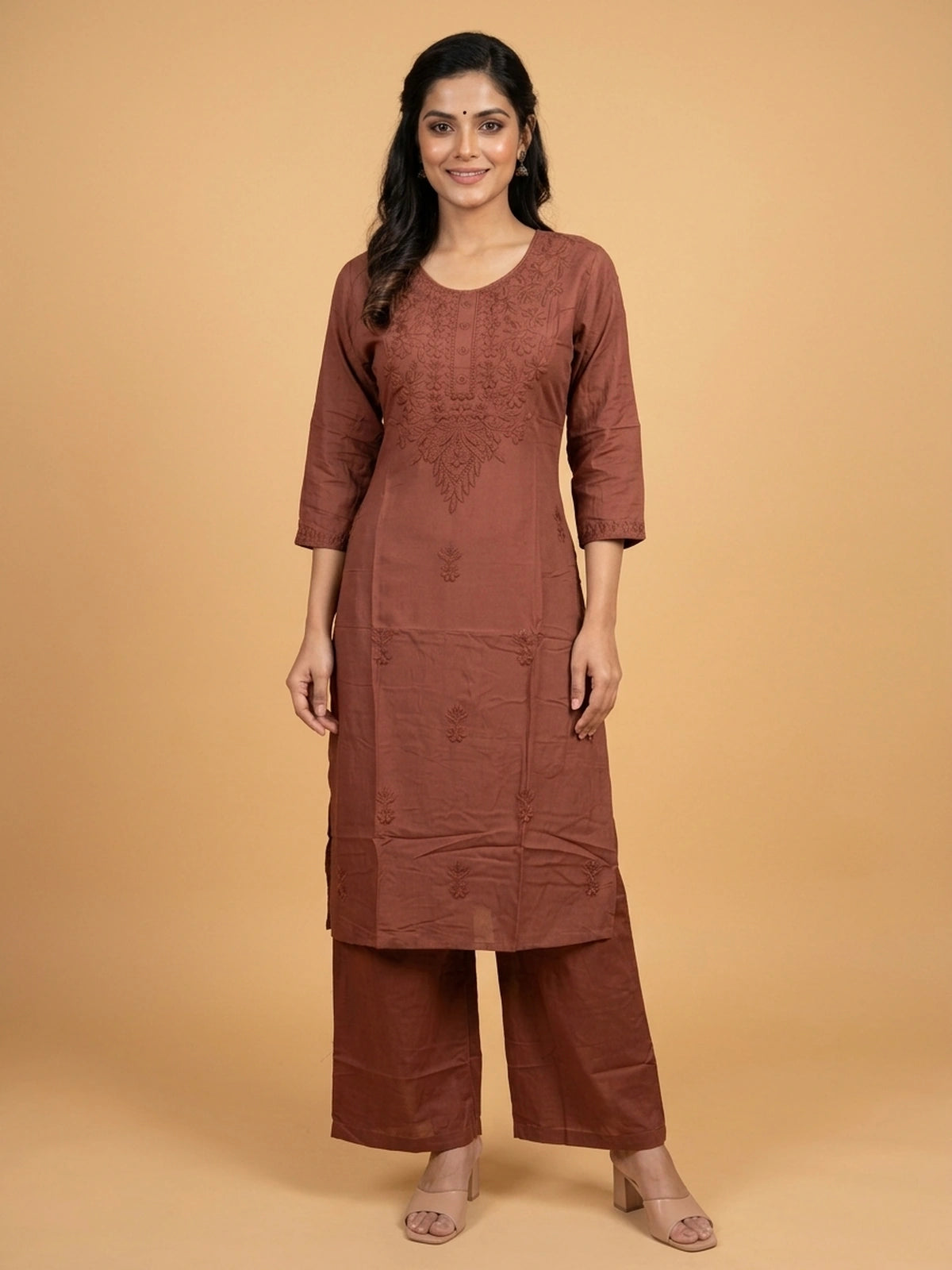 Rust Brown Cotton Embroidered Straight Cut Kurti Set with Palazzo and Dupatta