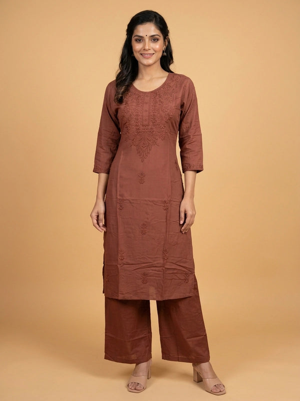 Rust Brown Cotton Embroidered Straight Cut Kurti Set with Palazzo and Dupatta