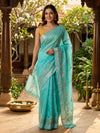 Aqua Turquoise Linen Cotton Saree