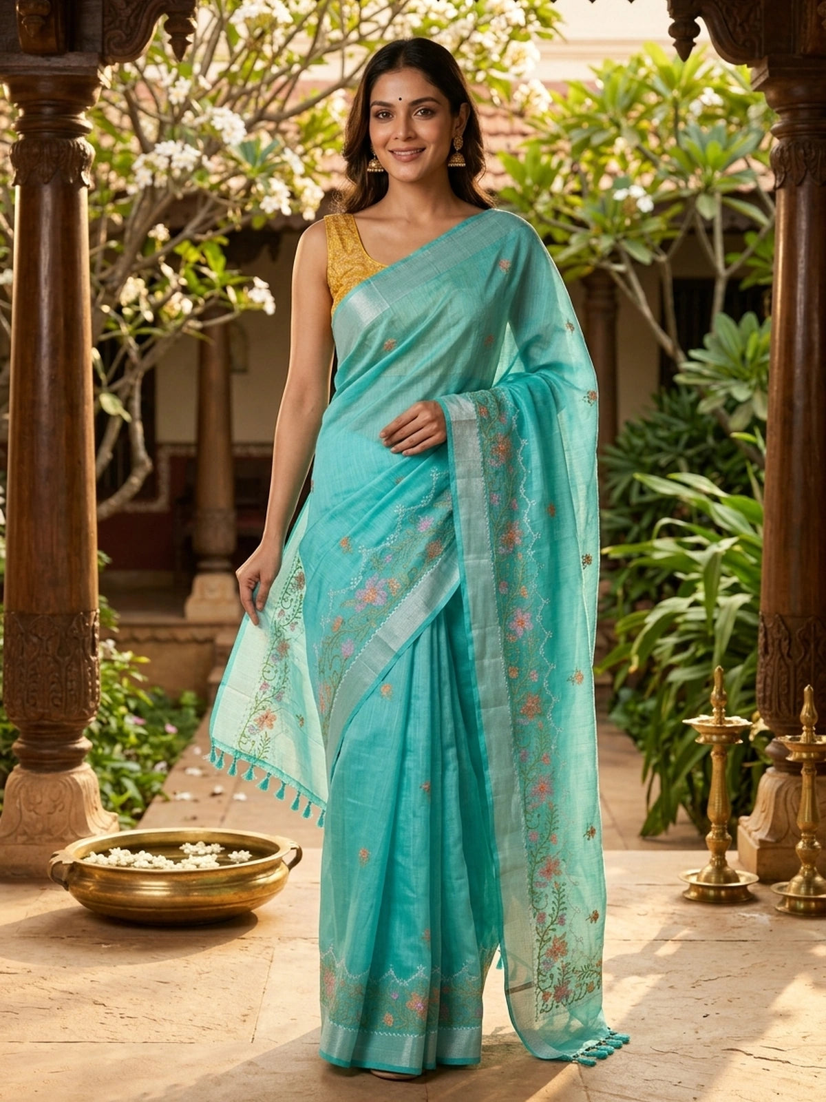 Aqua turquoise linen cotton saree with floral embroidery buttis, silver zari border and embroidered floral pallu