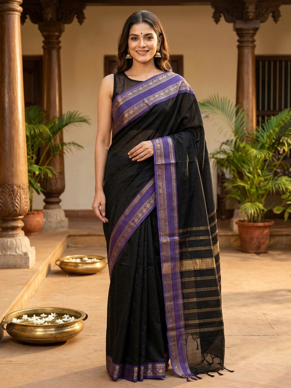 Black Chettinad cotton saree with purple gold zari contrast border and striped pallu