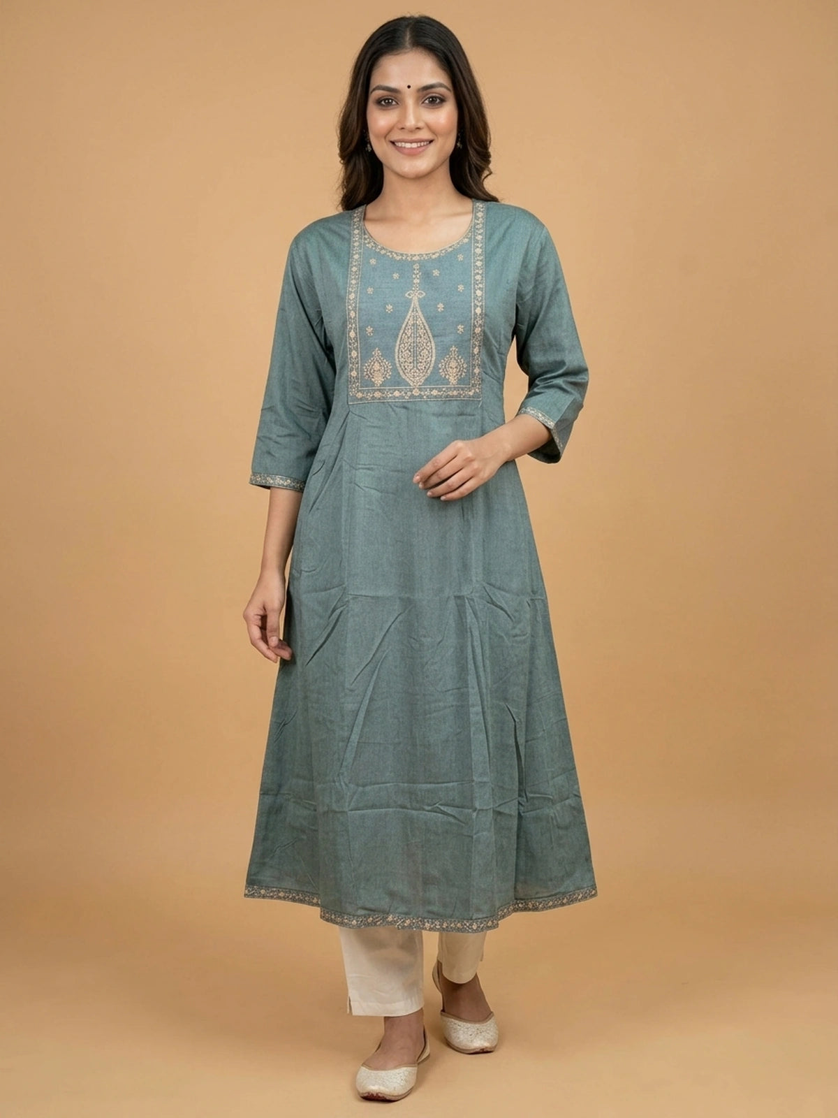 Teal gold zari embroidered Anarkali kurti top with 3/4th sleeves