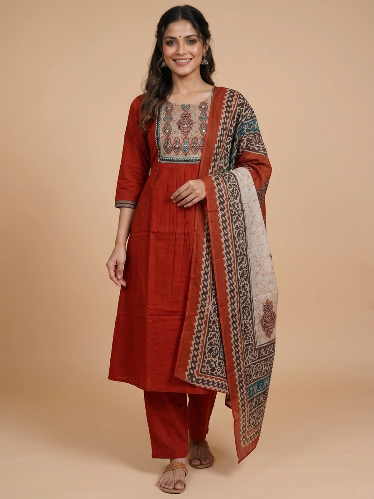 Rust Red Cotton Mirror Work Anarkali Kurti Set with Ajrakh printed dupatta and straight pants
