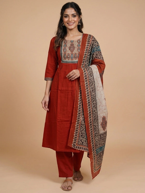 Rust Red Cotton Mirror Work Anarkali Kurti Set with Ajrakh printed dupatta and straight pants