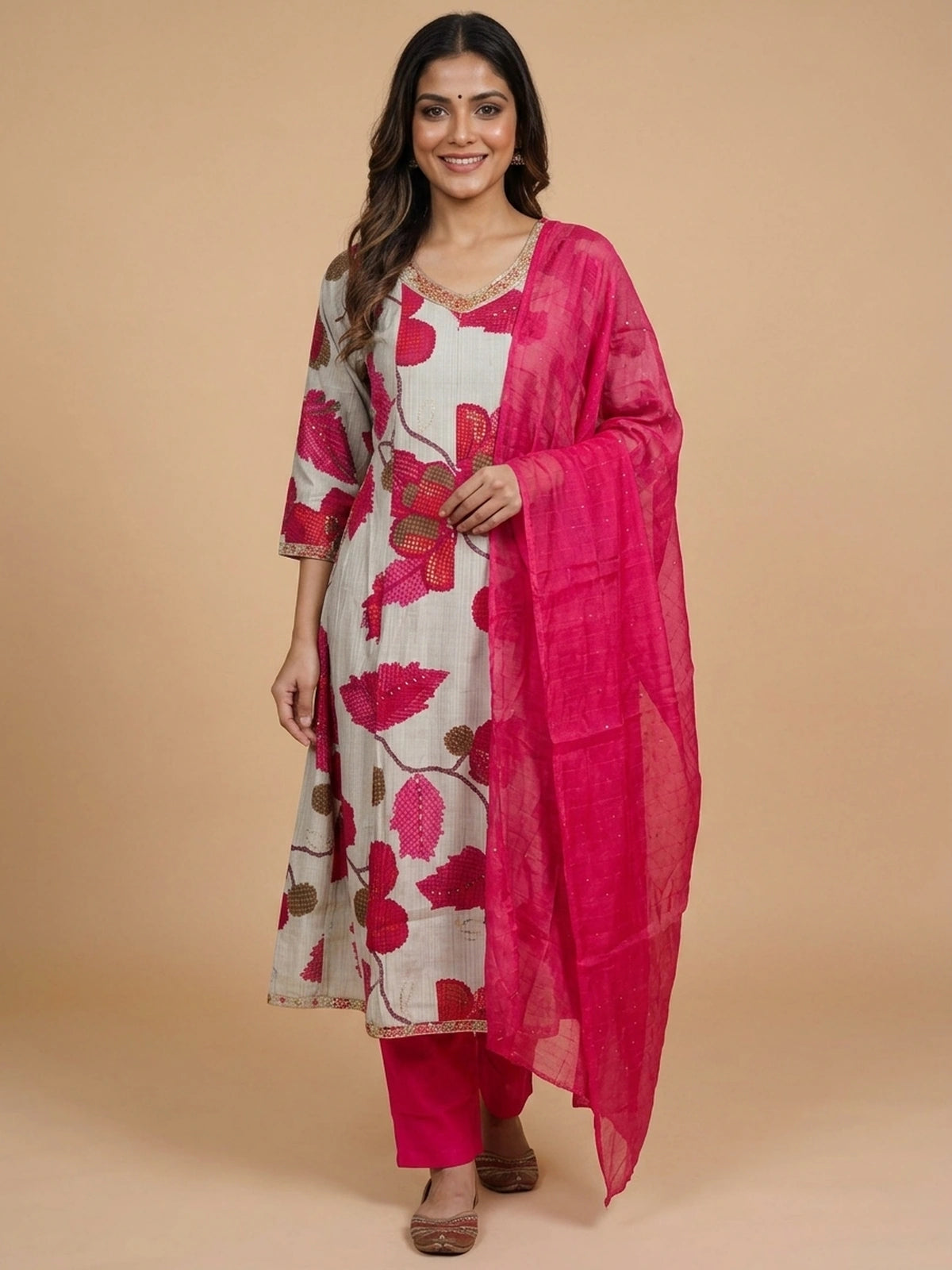 Grey floral cotton A-line kurti set with rani pink pants and sequinned dupatta