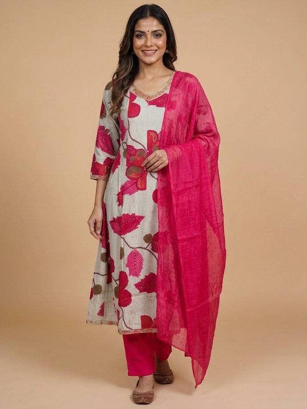 Grey floral cotton A-line kurti set with rani pink pants and sequinned dupatta