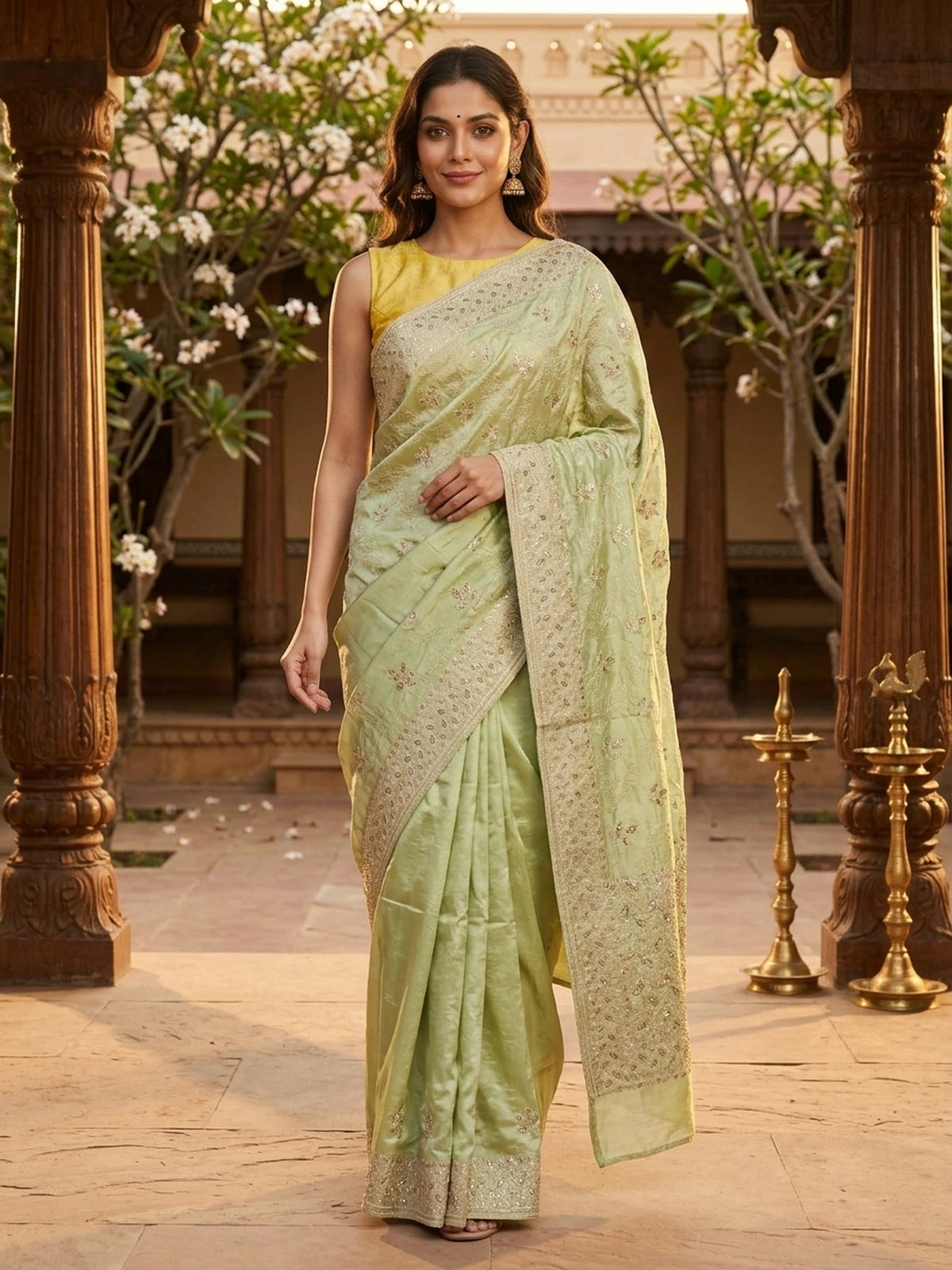 Pista green designer saree with sequin floral embroidery and contrast yellow blouse