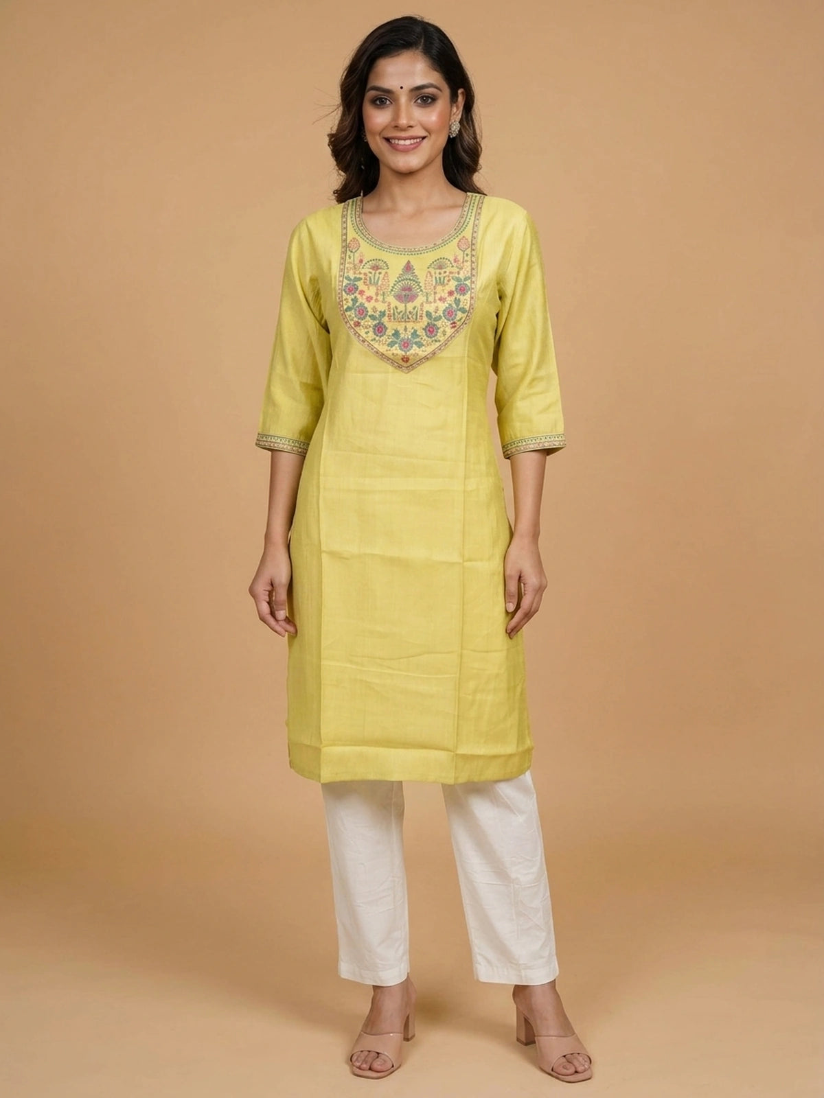Lemon yellow cotton silk straight cut kurti top with pink and green embroidered floral yoke