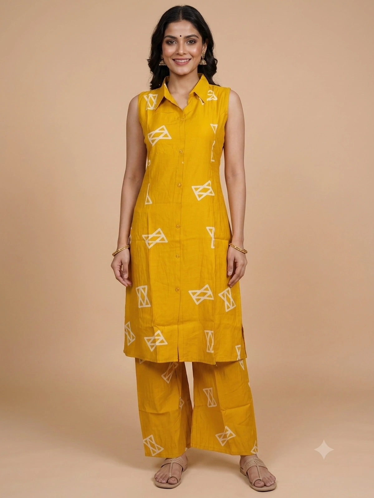 Mustard yellow geometric print cotton sleeveless shirt-style kurti with matching palazzo pants co-ord set