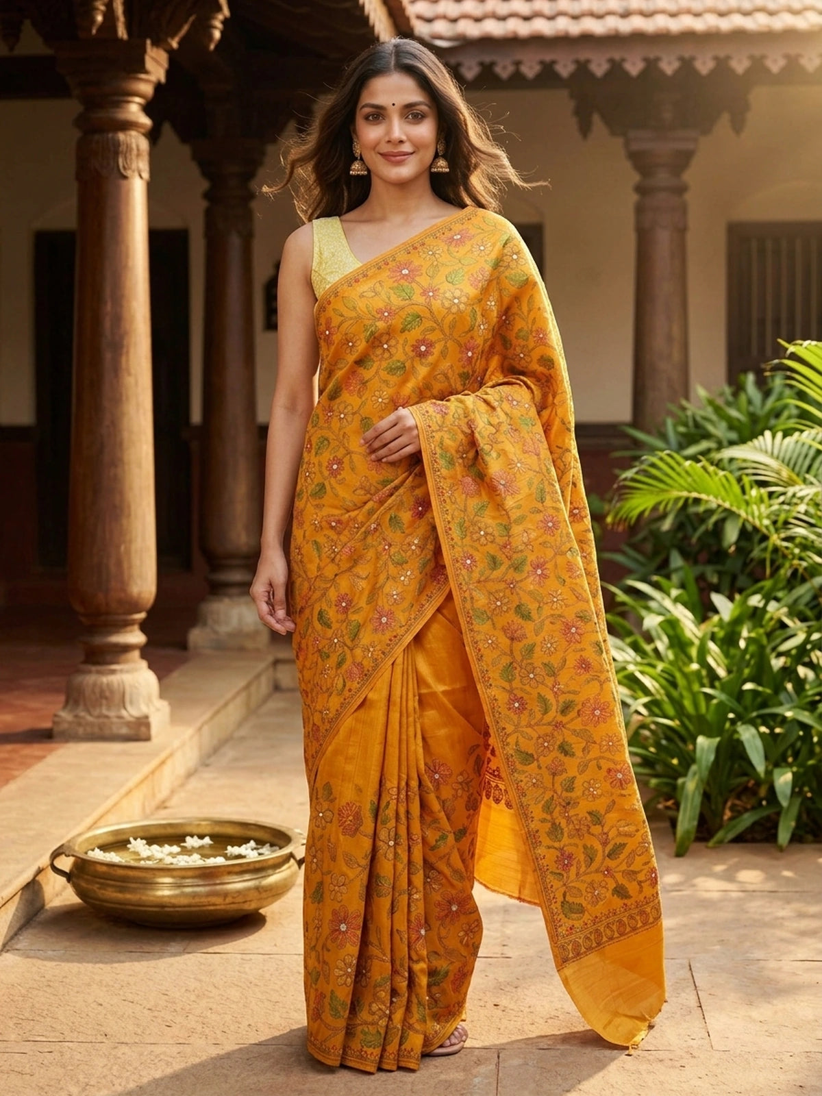 Mustard yellow semi tussar saree with allover multicolour floral embroidery and embroidered pallu