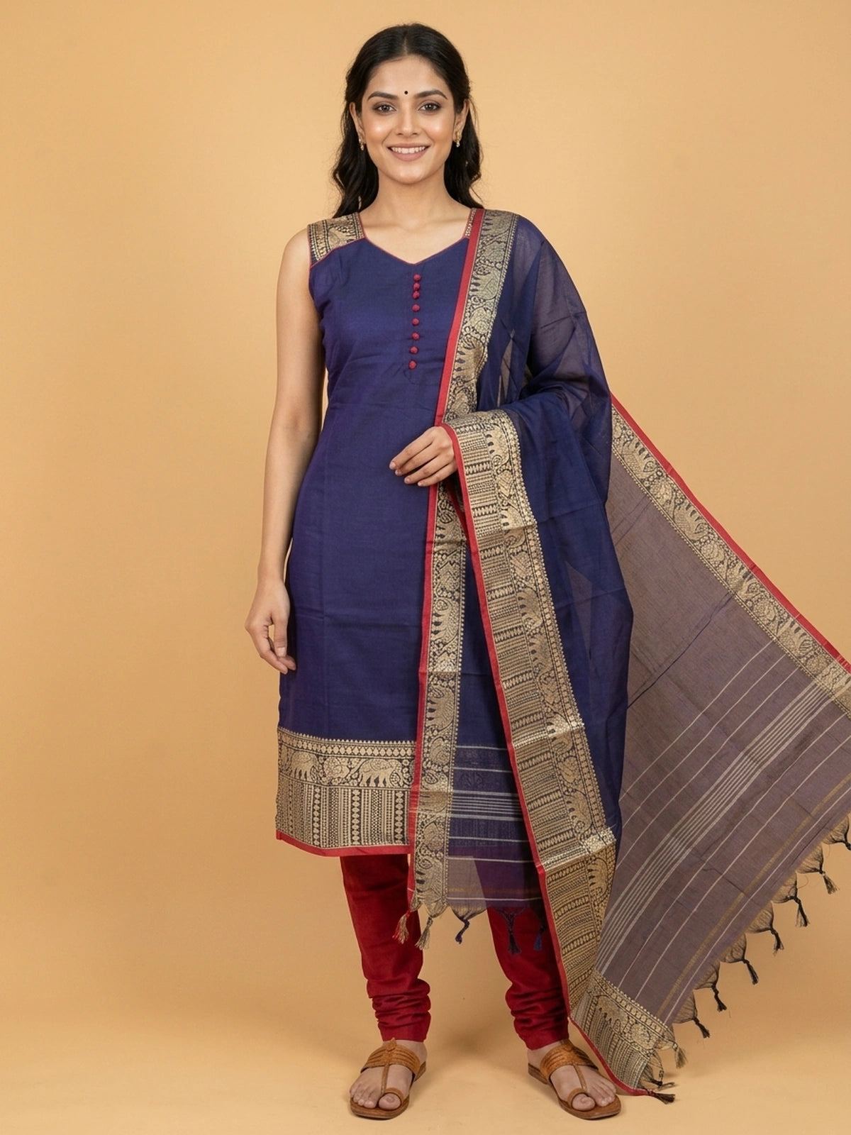 Navy Blue cotton straight cut kurti set with gold zari elephant border, red potli buttons and matching dupatta
