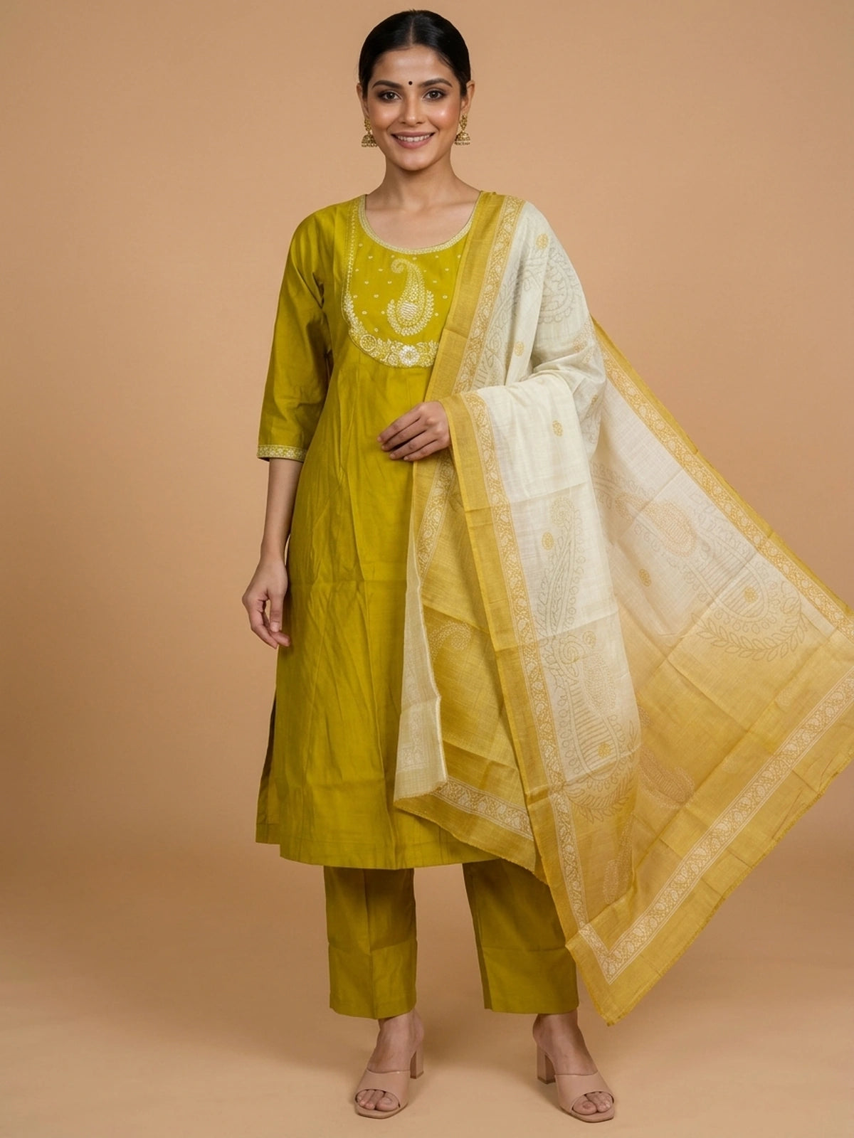 Mehndi green embroidered cotton silk A-line kurti set with cream printed dupatta and straight pants