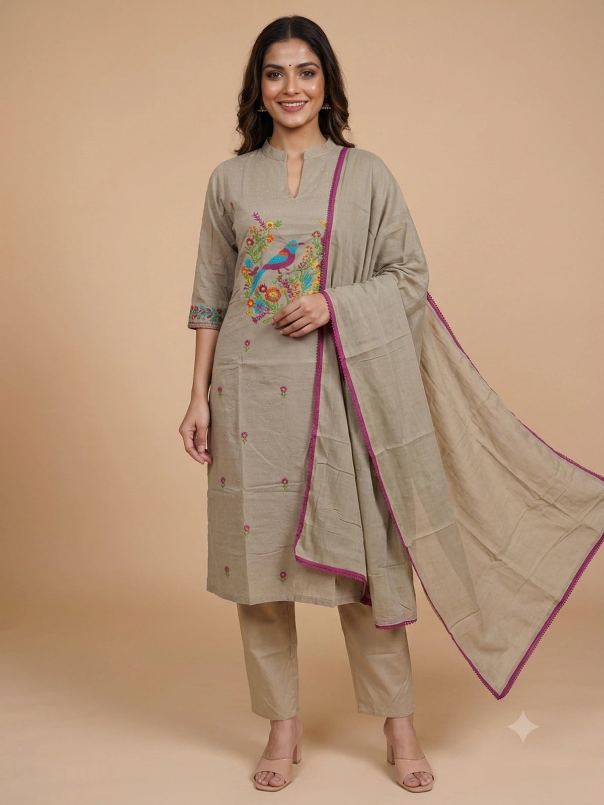 Beige bird embroidered cotton straight cut kurti set with pants and magenta bordered dupatta