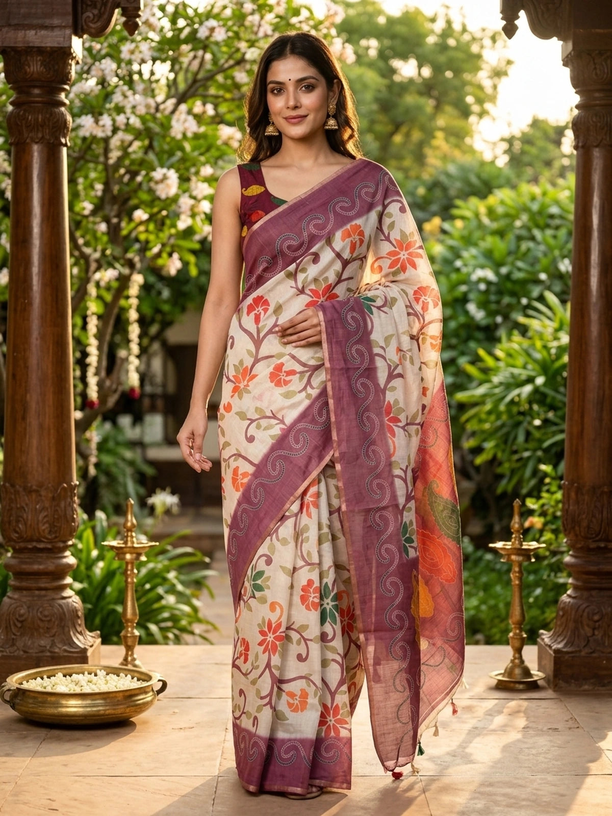 Cream linen cotton saree with floral print and onion-pink paisley border