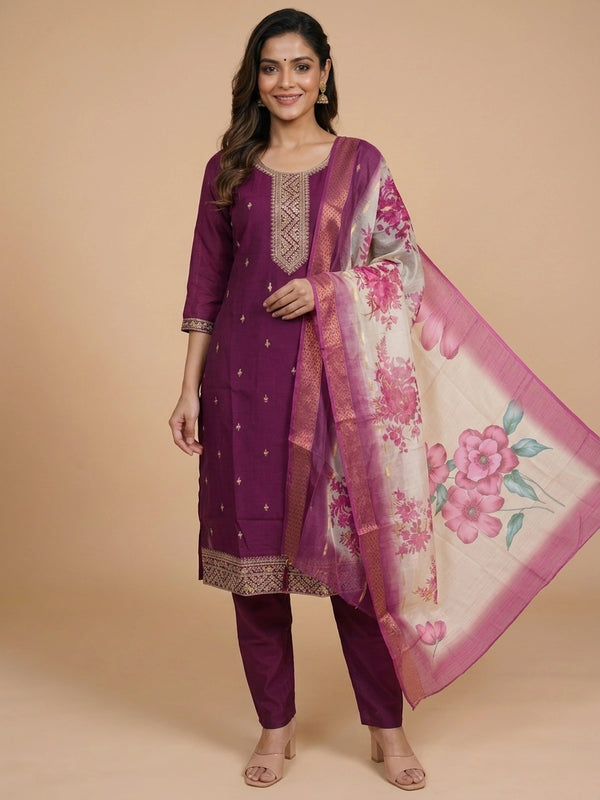 Wine purple zari embroidered straight cut kurti set with cream floral printed dupatta