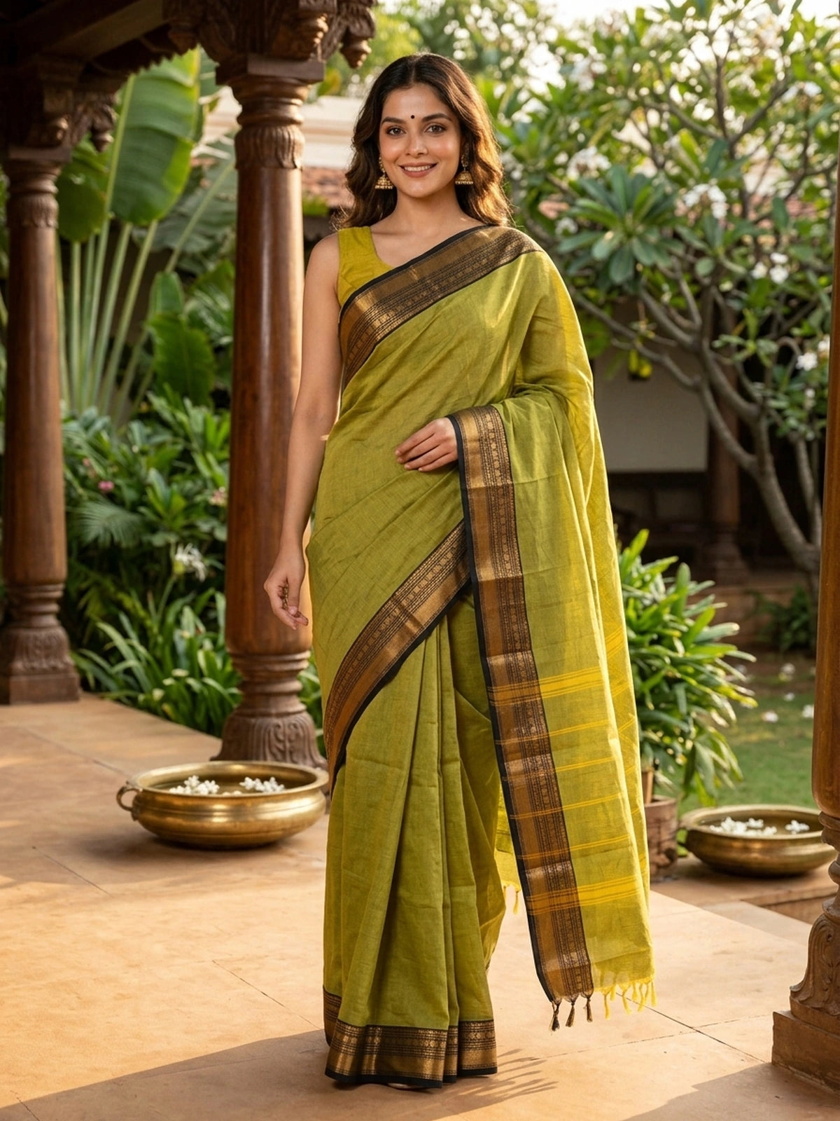Mehndi Green and Black Chettinad Cotton Saree