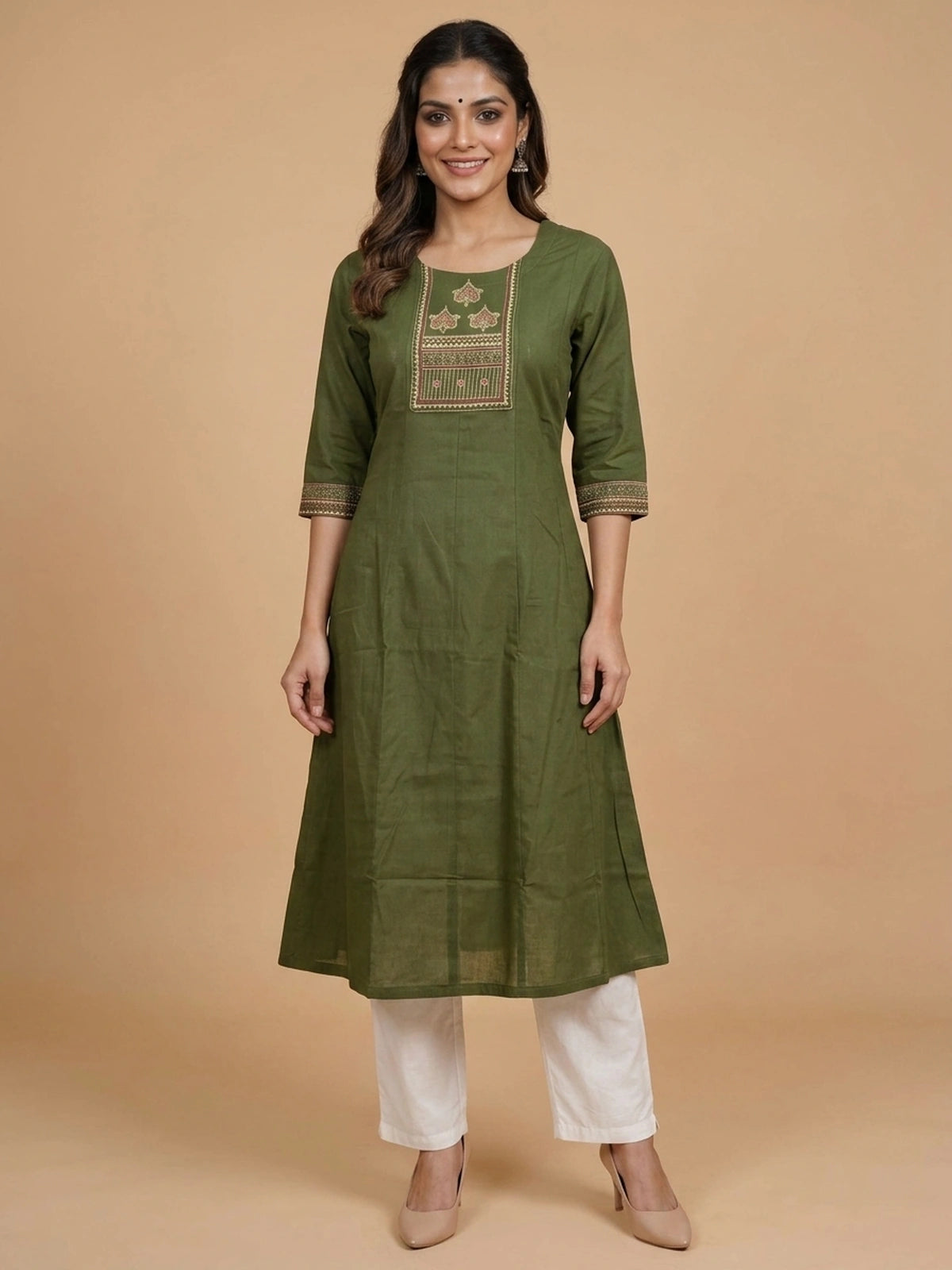 Olive green cotton embroidered anarkali kurti top with maroon and gold yoke work