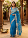 Peacock Blue and Cream Linen Cotton Saree