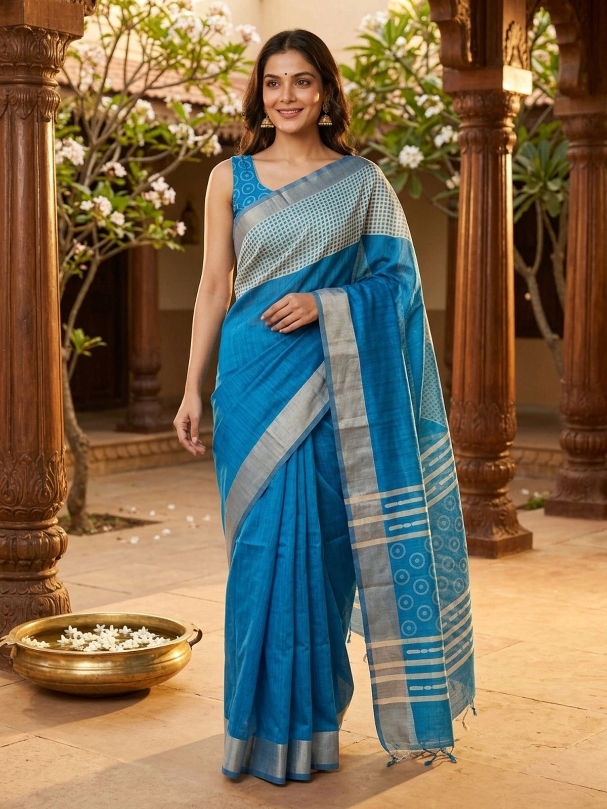Peacock Blue and Cream Linen Cotton Saree
