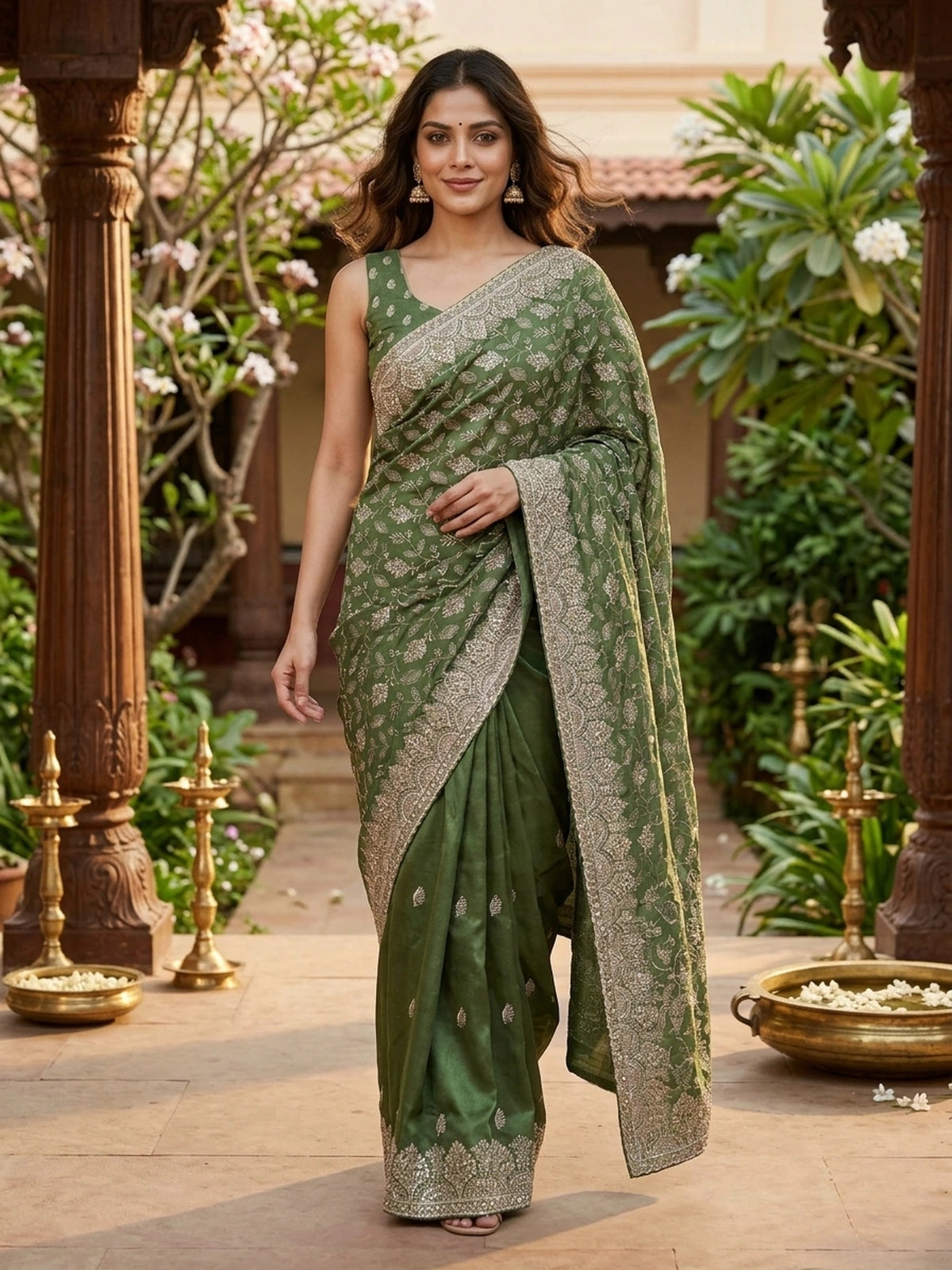 Mehendi green designer saree with gold floral zari embroidery and contrast yellow blouse