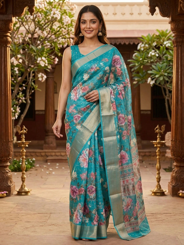 Turquoise blue floral designer saree with gold zari checks and contrast gold border