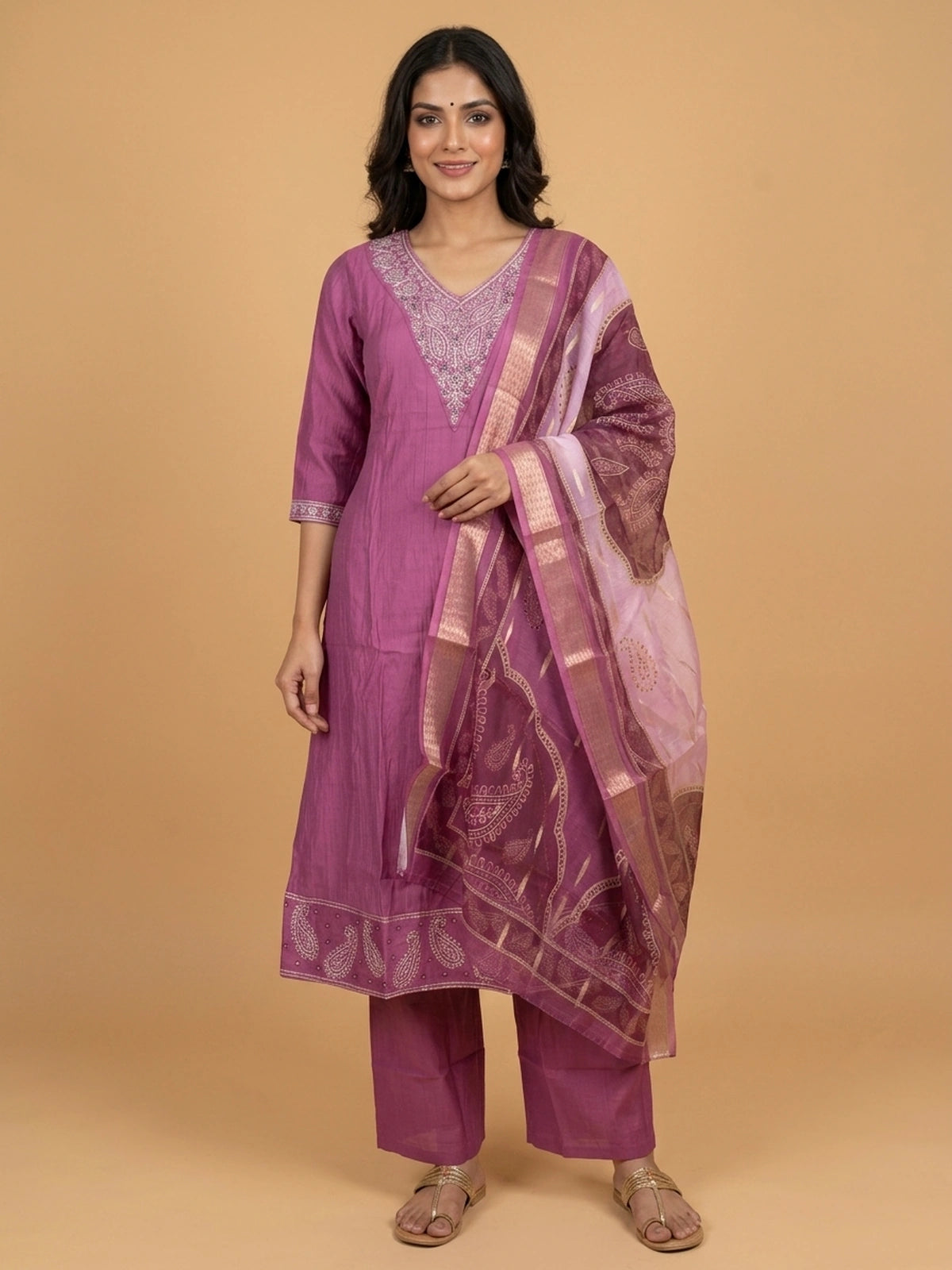 Mauve embroidered cotton silk A-line kurti set with zari paisley dupatta and straight pants