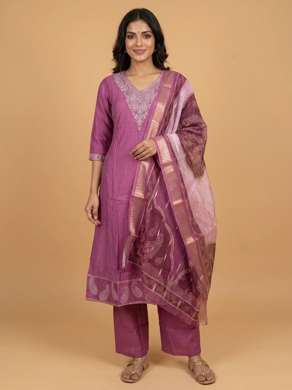 Mauve embroidered cotton silk A-line kurti set with zari paisley dupatta and straight pants