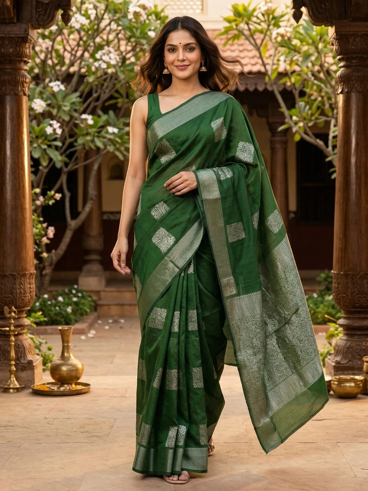 Green and Silver Silk Cotton Saree
