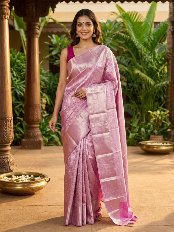 Mauve pink pure Kanchipuram silk saree with silver zari chevron weave and contrast border