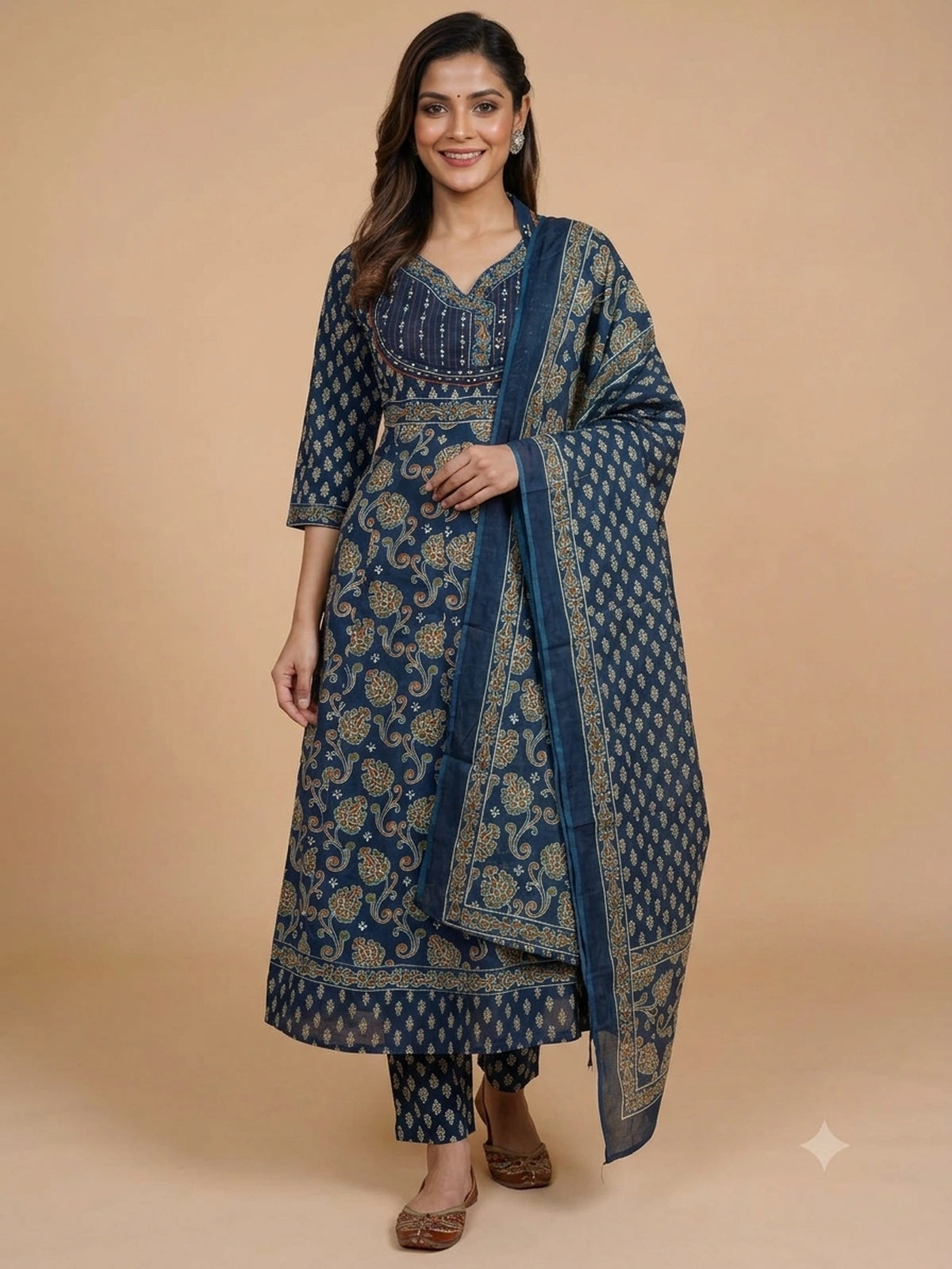 Indigo Blue Ajrakh print cotton embroidered Anarkali kurti set with matching pants and dupatta