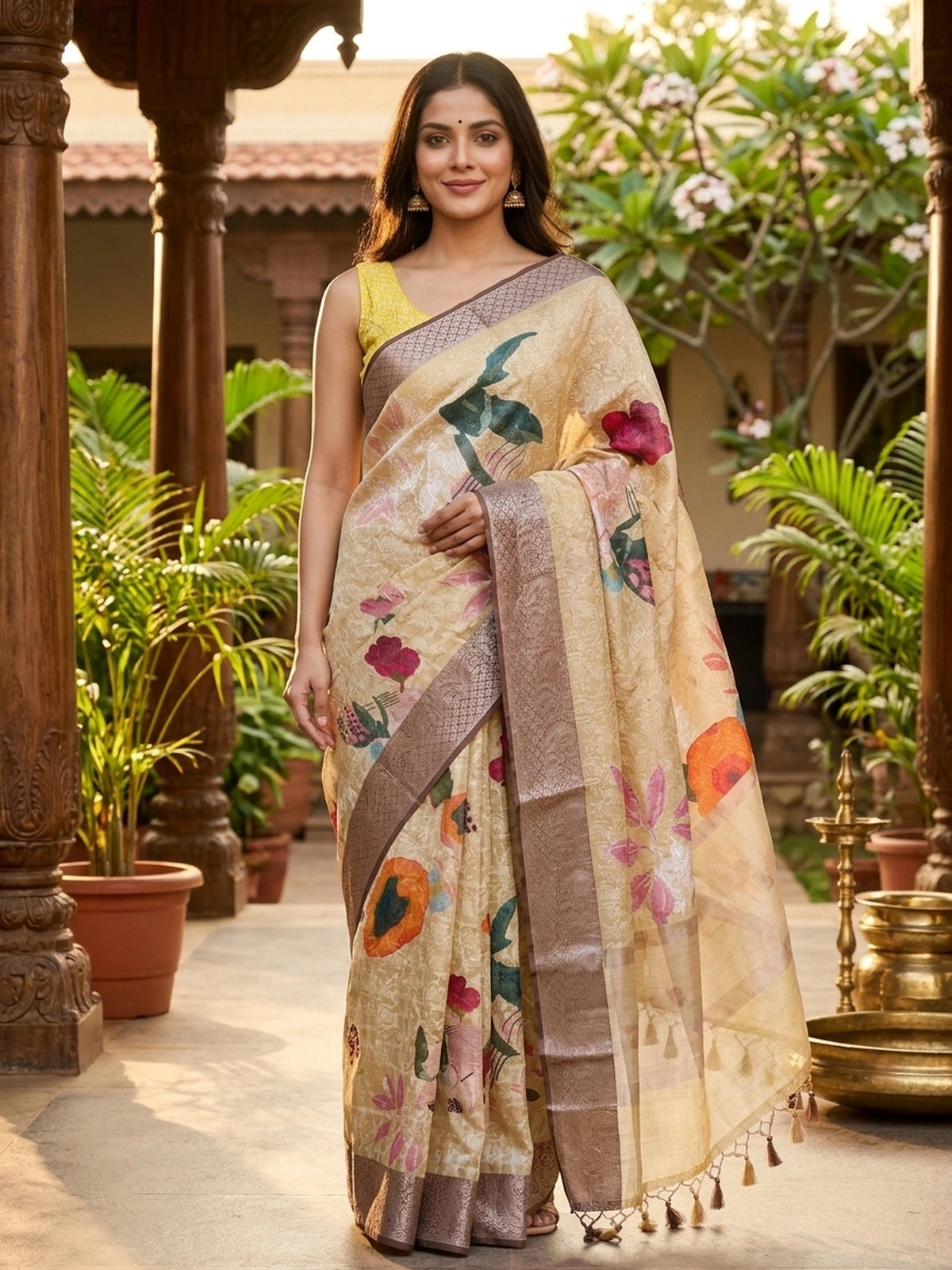 Cream and Mauve Designer Embroidery Work Tissue Saree