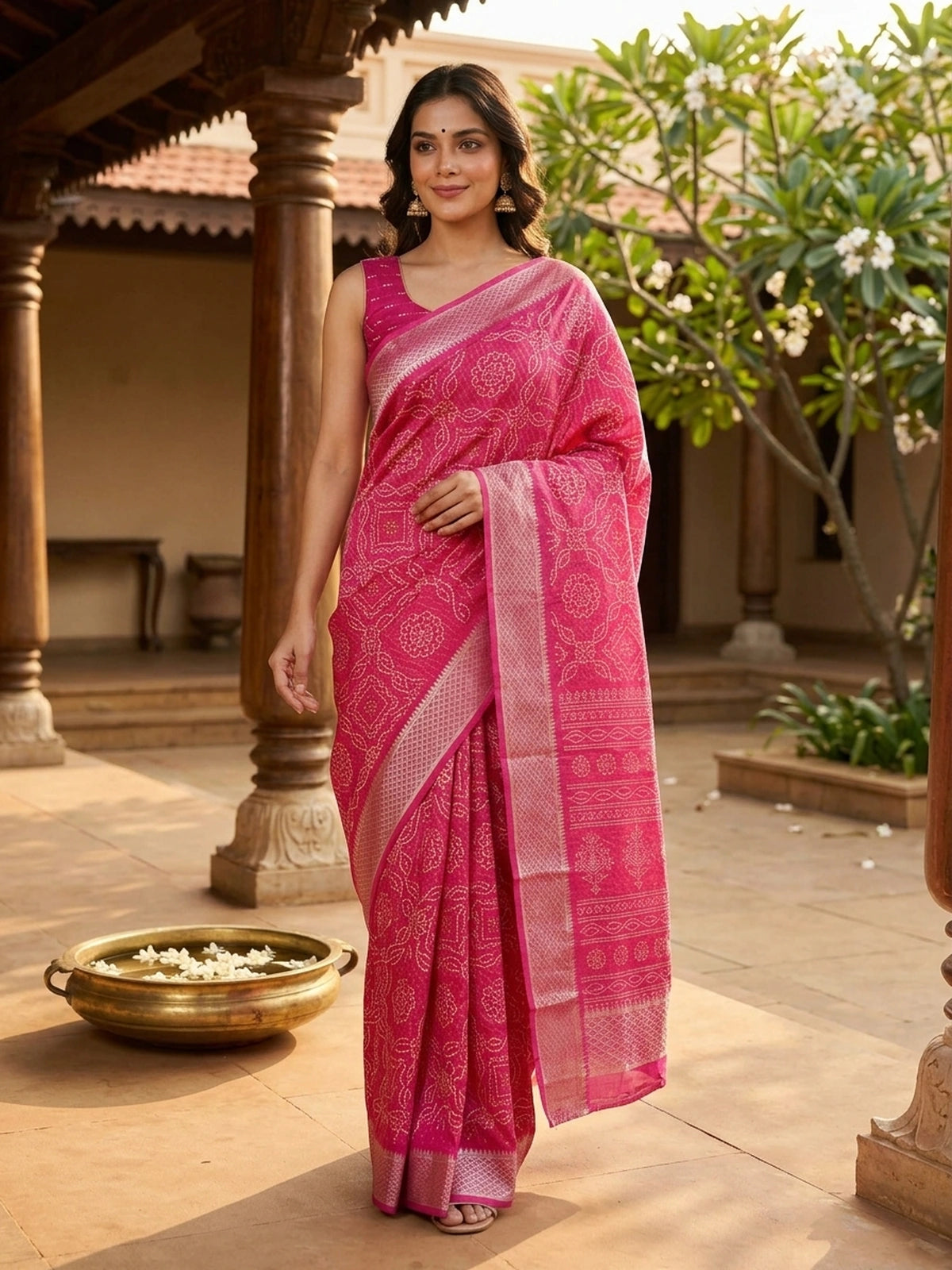 Pink Dola silk saree with cream bandhani-style print and contrast zari diamond border