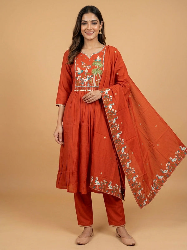 Rust Orange nature embroidered Anarkali kurti set with matching pants and embroidered dupatta