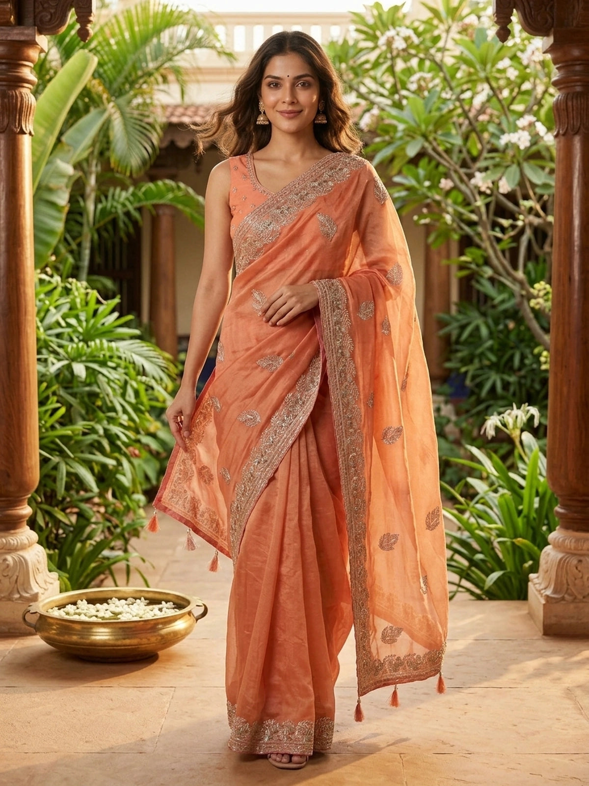 Peach Designer Embroidery Work Tissue Saree