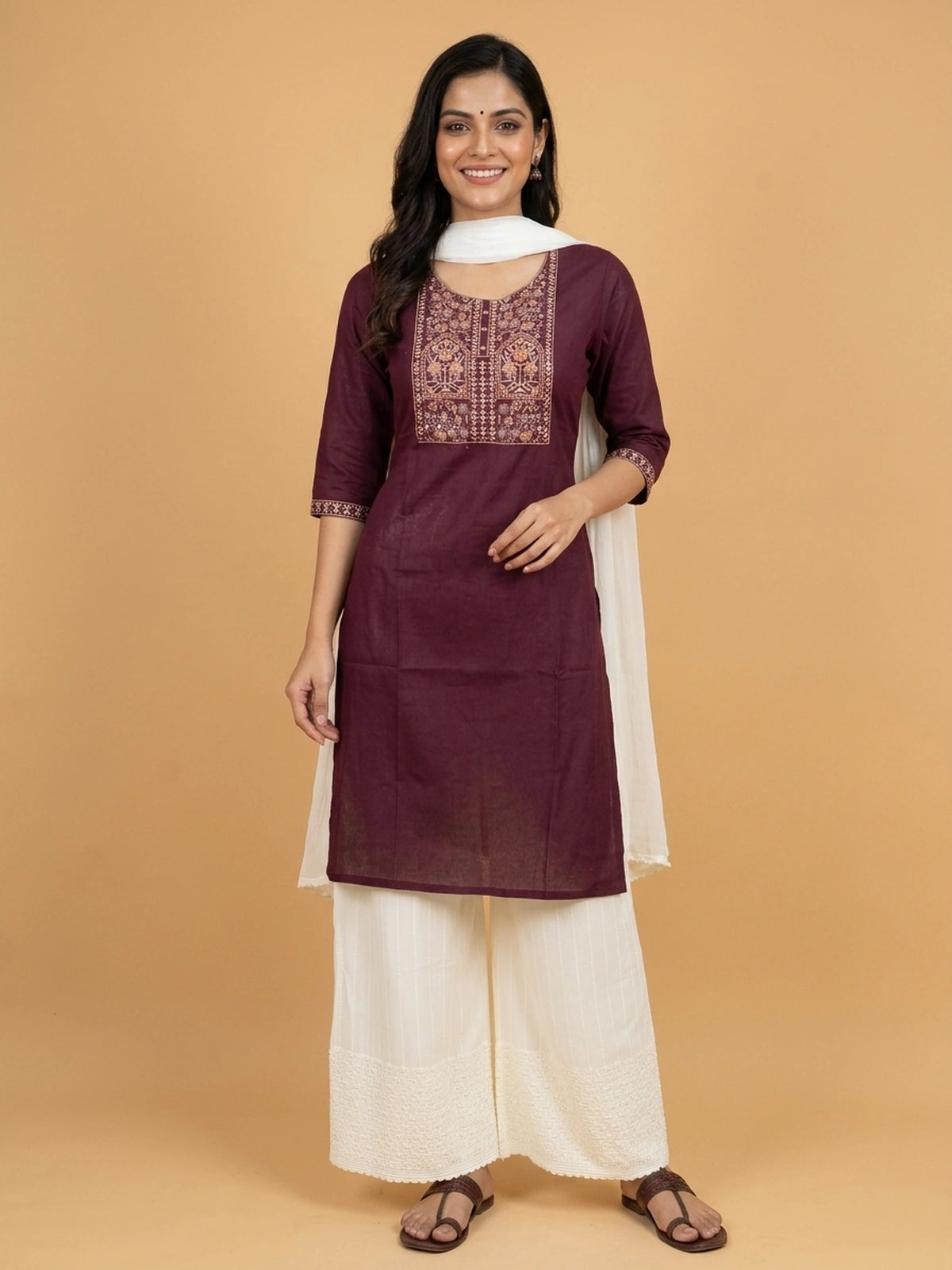 Wine cotton Anarkali kurti top with gold and copper zari embroidered yoke