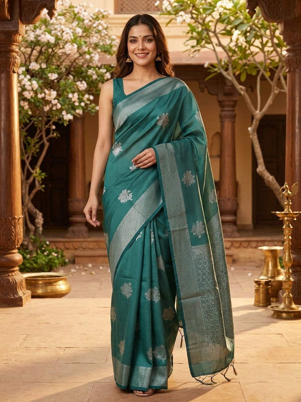 Teal Green Silk Cotton Saree
