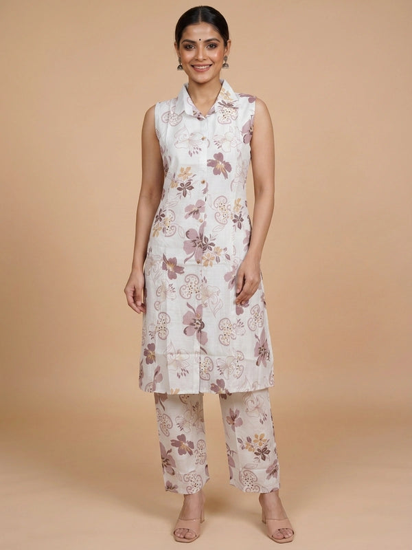 White floral printed cotton sleeveless collared co-ord set with matching straight pants