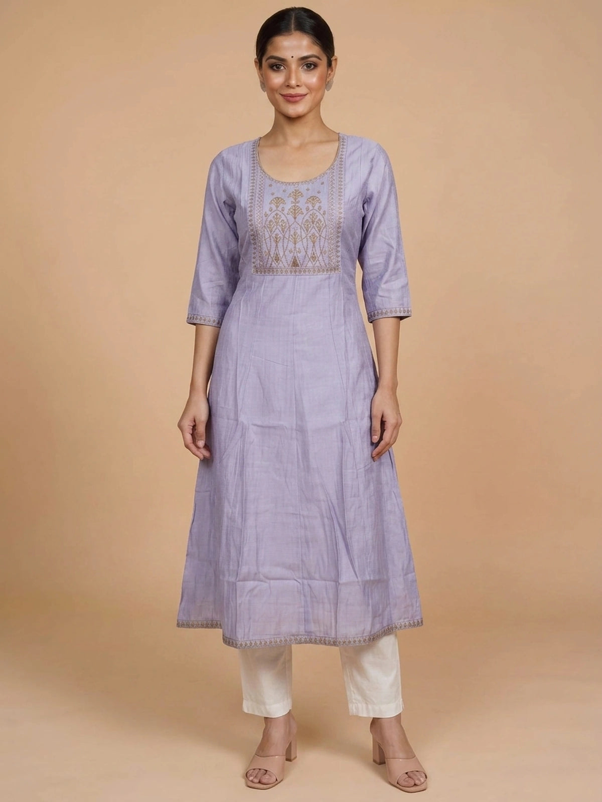 Lavender gold Zari embroidered Anarkali kurti top with round neck and 3/4th sleeves