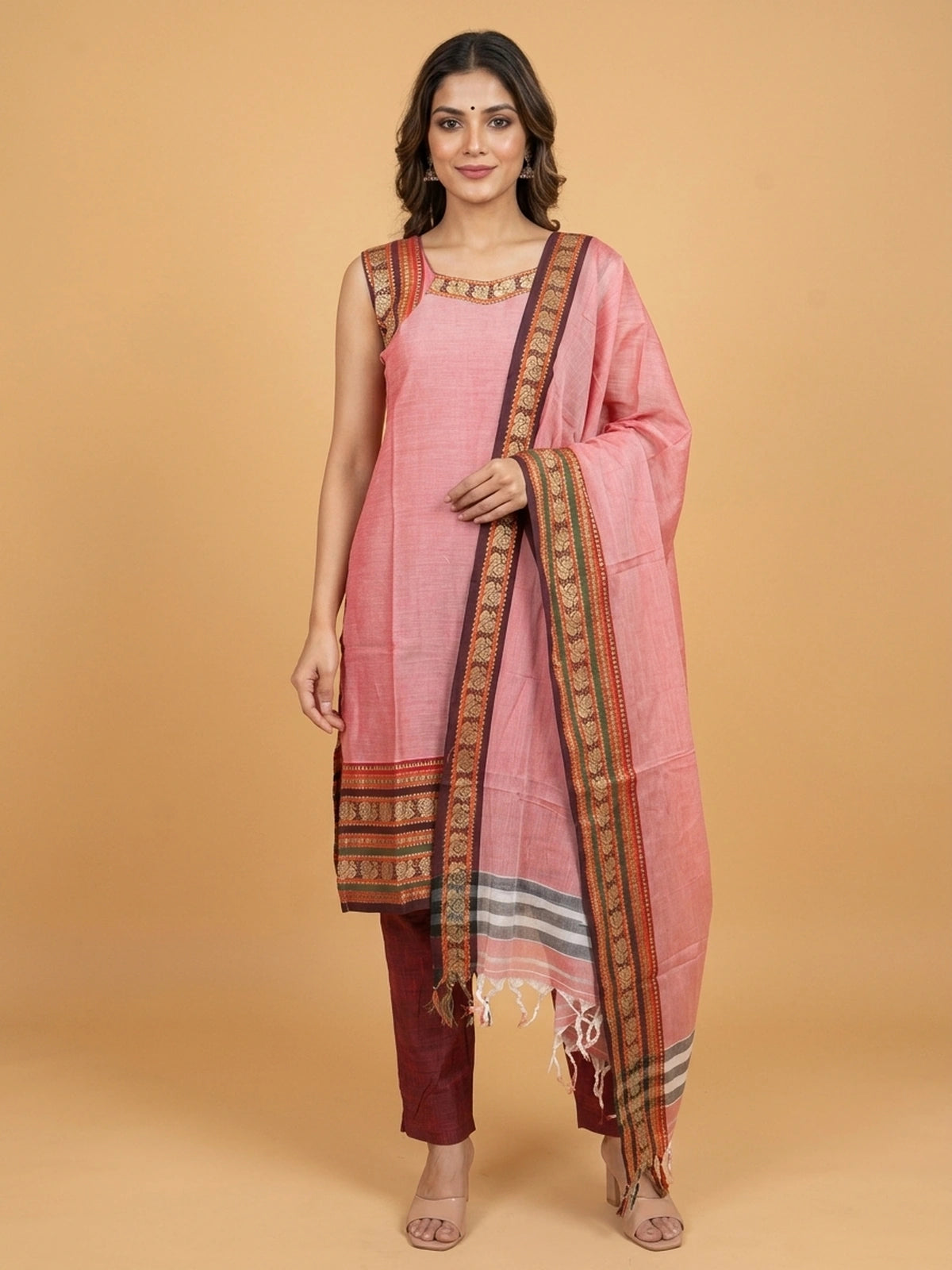 Rose pink handloom cotton straight cut kurti set with peacock woven border and matching dupatta