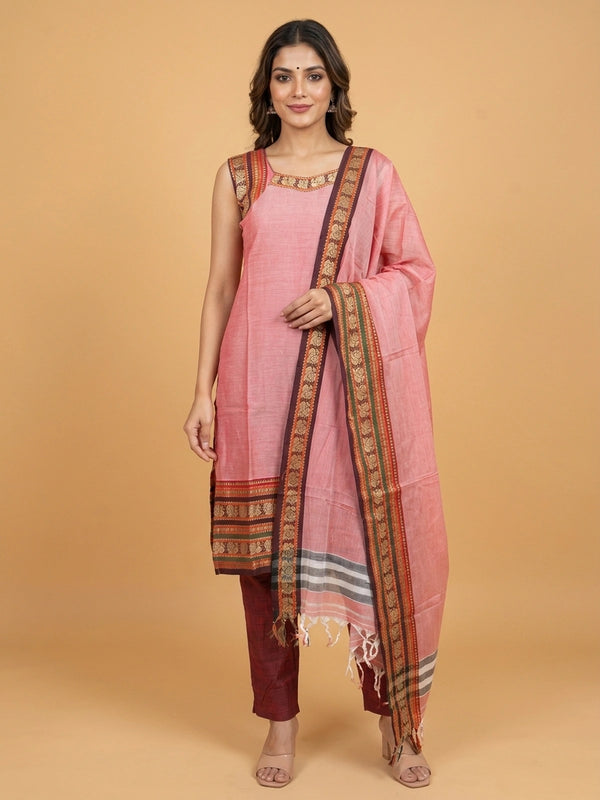 Rose pink handloom cotton straight cut kurti set with peacock woven border and matching dupatta